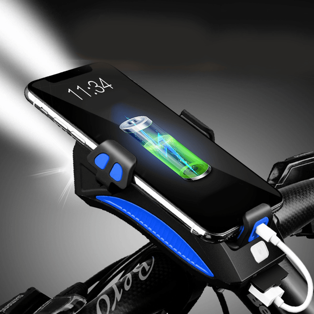 4-In-1 400Lm Bike Headlight USB Rechargeable Bicycle Front Lamp 130Db Horn Power Bank Phone Holder Outdoor Cycling - MRSLM