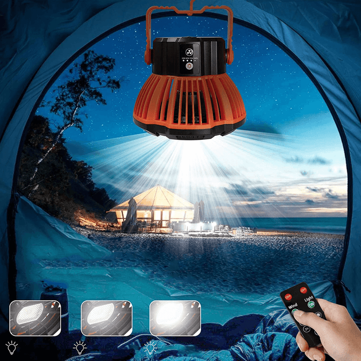Portable Tent Fan LED Light Lamp with Remote USB Rechargeable Hanging Camping Lantern - MRSLM