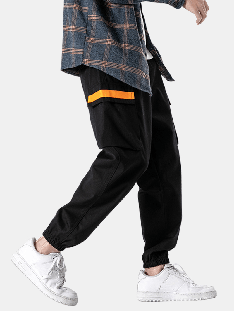 Mens Contrast Ribbon Letter Print Cotton Drawstring Cuffed Cargo Jogger Pants - MRSLM