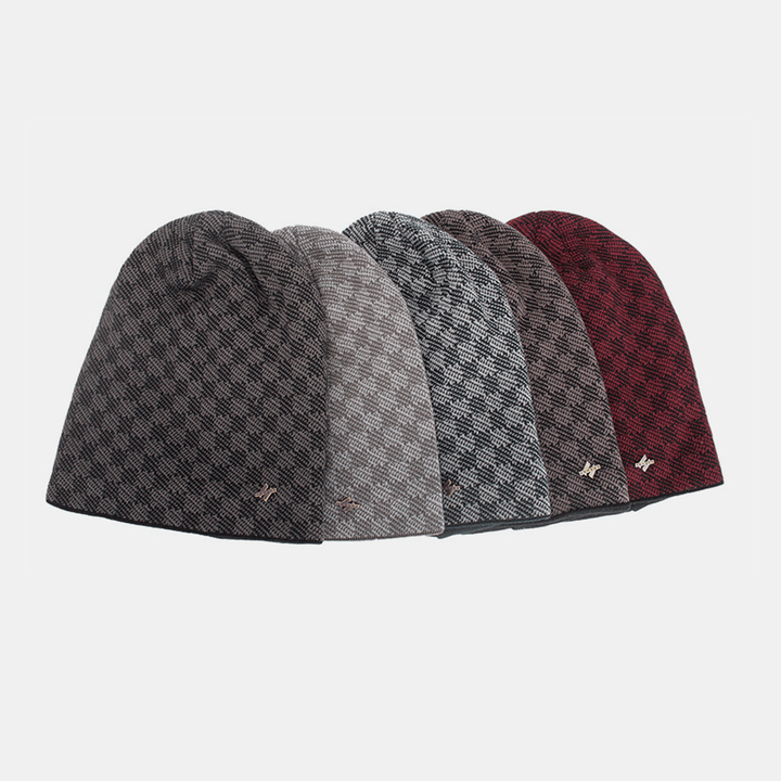 Men Knitted plus Velvet Lattice Jacquard Letter Iron Label Brimless Beanie Hat - MRSLM