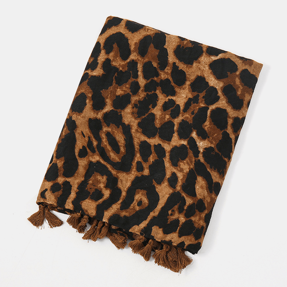 Women Cotton Leopard Warm Scarf Long Tassel Dual-Use Sunshade Shawl - MRSLM