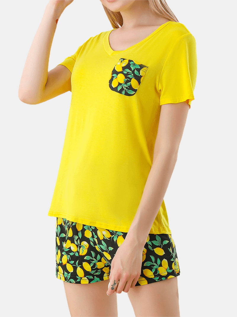 Women Pineapple Plant Print V-Neck Short Sleeve Drawstring Home Pajama Set - MRSLM