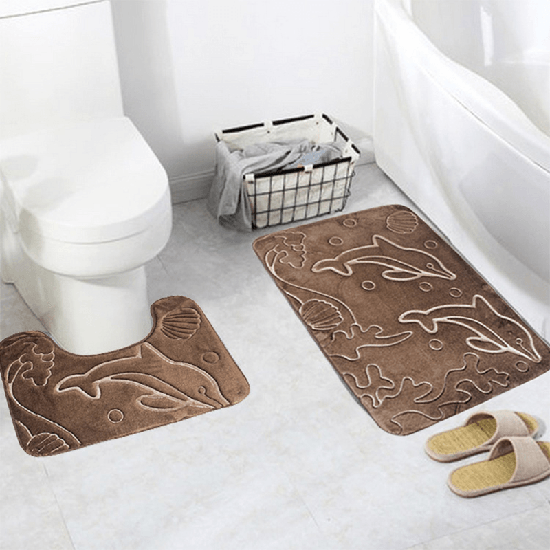 2Pcs 3D Dolphin Flannel Toilet Lid Bath Rugs Soft Floor Home anti Slip Shower Carpets Bathroom Mat Set - MRSLM