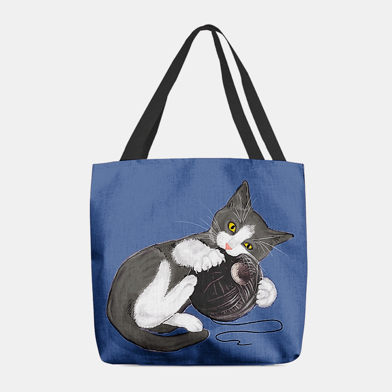 Women Felt Cute Cartoon Cat Playing Wool Ball Printing Pattern Casual Shoulder Bag Handbag Tote - MRSLM