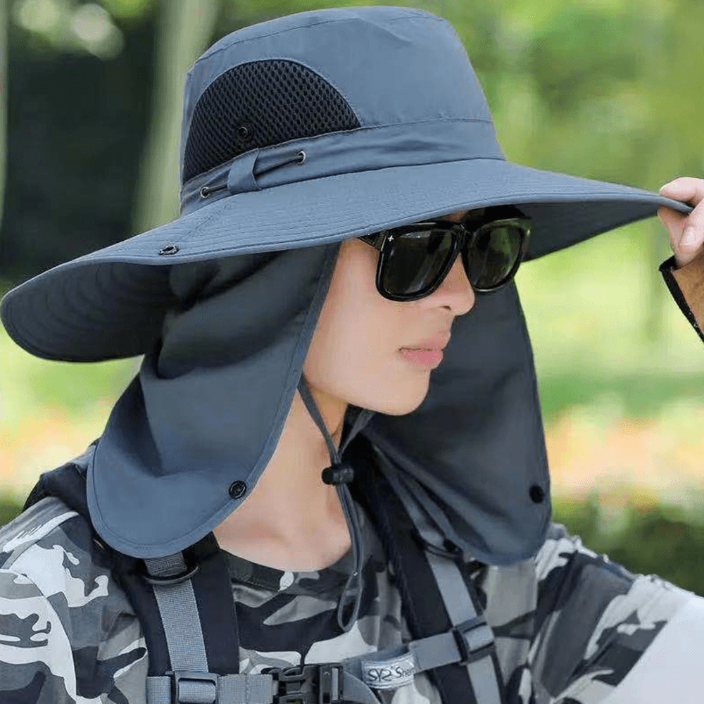 Unisex Big Brim Dual-Use Windproof Rope Mask Curtain Cover Face Summer Outdoor Fishing 360 Degree Sunshade Bucket Hat - MRSLM