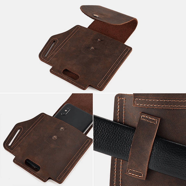 Men Genuine Leather Wear-Resistant Outdoor Sport 6.5 Inch Phone Bag Retro Cover Hasp Waist Bag Belt Bag - MRSLM