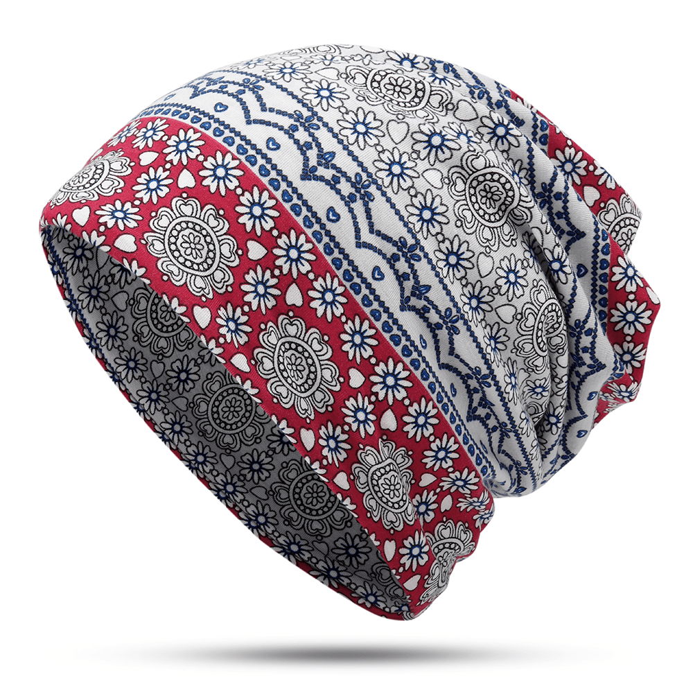 Womens Ethnic Slouchy Beanie Cap Scarf Outdoor Floral Double Layers Cotton Turban - MRSLM