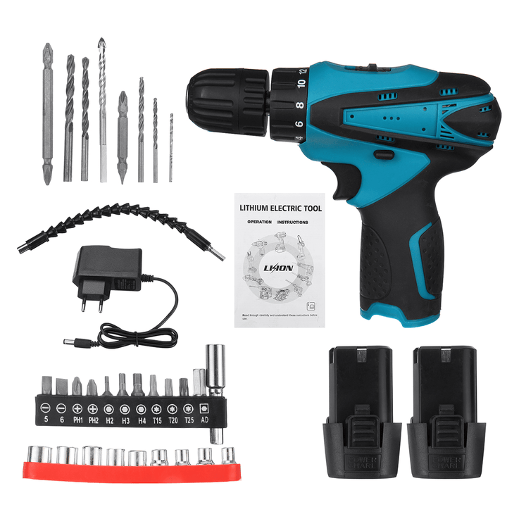 12V Cordless Electric Drill Screwdriver 2 Speeds Impact Drill Driver Set W/ 1/2 Battery & Plastic Box - MRSLM