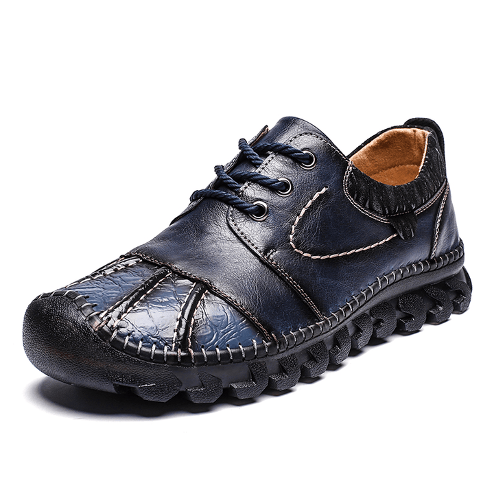 Men Genuine Leather Toe-Protected Breathable Soft Lightweight Lace-Up Tooling Shoes Hand Stitching Shoes - MRSLM