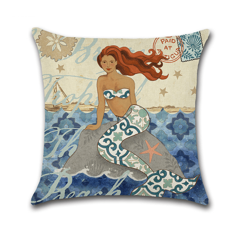 Cartoon Mermaid Printed Cotton Linen Square Cushion Cover House Sofa Car Decor Pillow Case - MRSLM