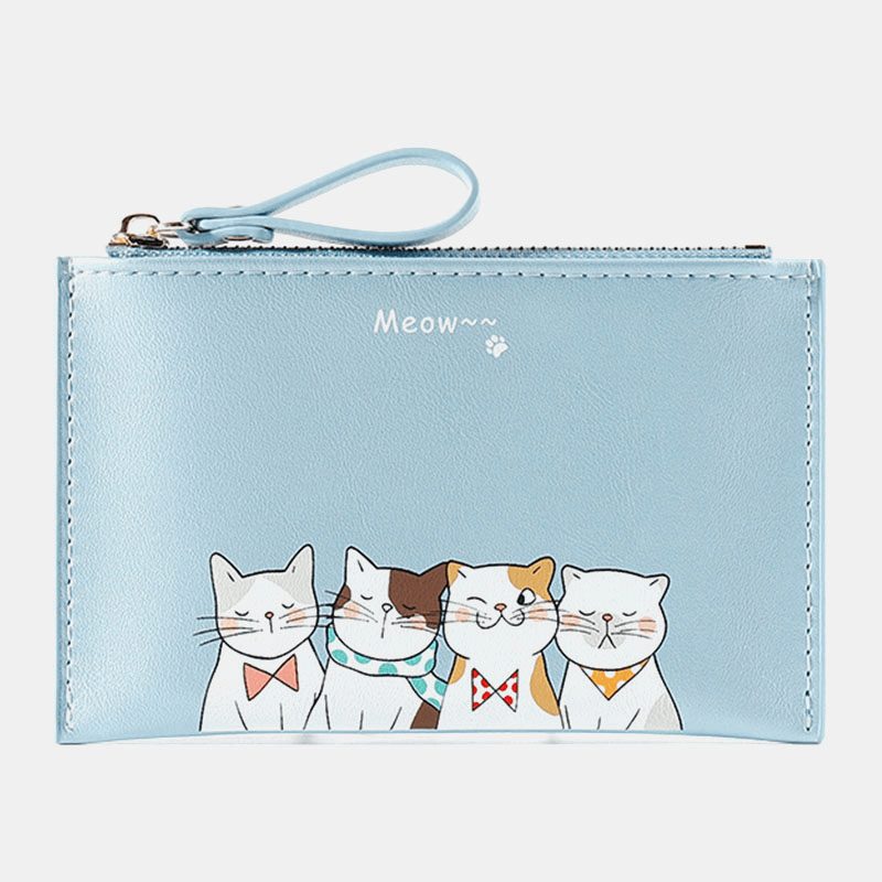 Women Faux Leather Cute Cartoon Cats Printing Ultra-Thin Card Case Coin Bag Wallet - MRSLM