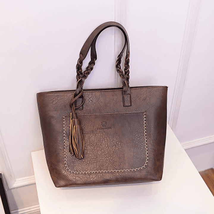 Women Solid Faux Leather Tassel Tote Bag Large Capacity - MRSLM