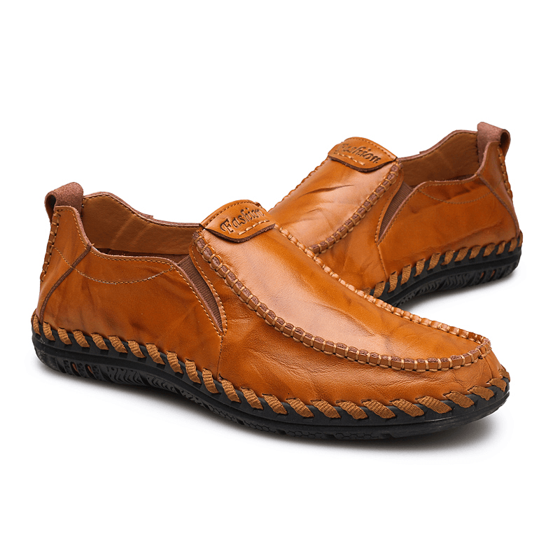 Men Hand Stitching Sfot Leather Non Slip Sole Comfy Slip-On Casual Driving Shoes - MRSLM