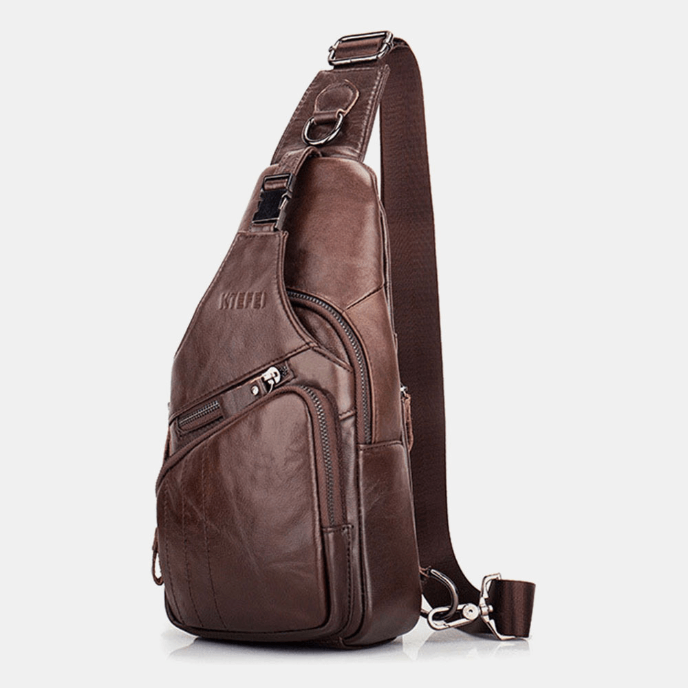 Men Genuine Leather Multi-Pocket Large Capacity Vintage First Layer Cowhide Crossbody Bags Shoulder Bag Chest Bag - MRSLM