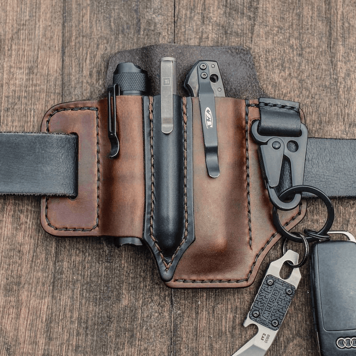 Men EDC Genuine Leather Multitool Flashlight Key Pen Organizer Gear Waist Belt Bag - MRSLM