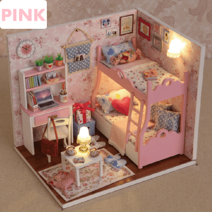 Creative Room DIY Handmade Assembly Doll House Miniature Furniture Kit with LED Light Dust Proof Cover Toy for Kids Birthday Gift Home Decoration Collection - MRSLM