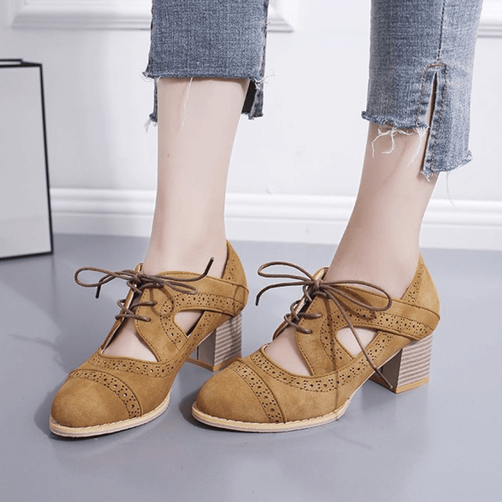 Brogue Carved Chunky Heel Shoes - MRSLM