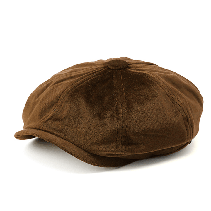 Men'S Solid Velvet Octagonal Cap Winter Warm Casual Newsboy Gentleman Cabbie Hats - MRSLM