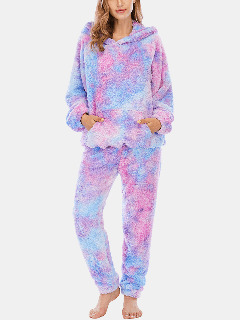 Women Tie Dye Kangaroo Pocket Long Sleeve Fleece Hoodie Loose Pants Home Soft Pajama Set - MRSLM