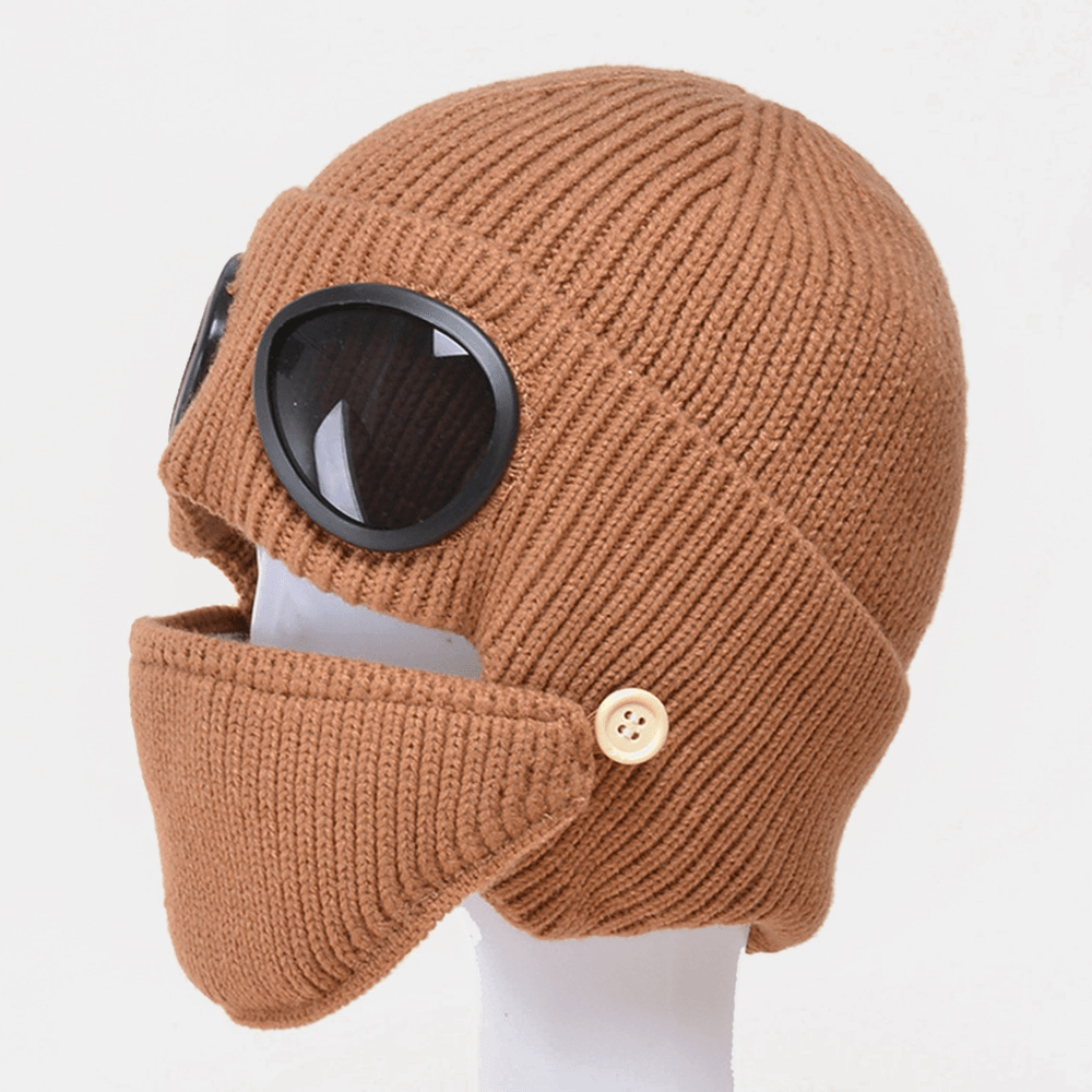 Unisex plus Velvet Thick Warm Neck Face Ear Protection Headgear Knitted Hat Mask Pilot Glasses - MRSLM