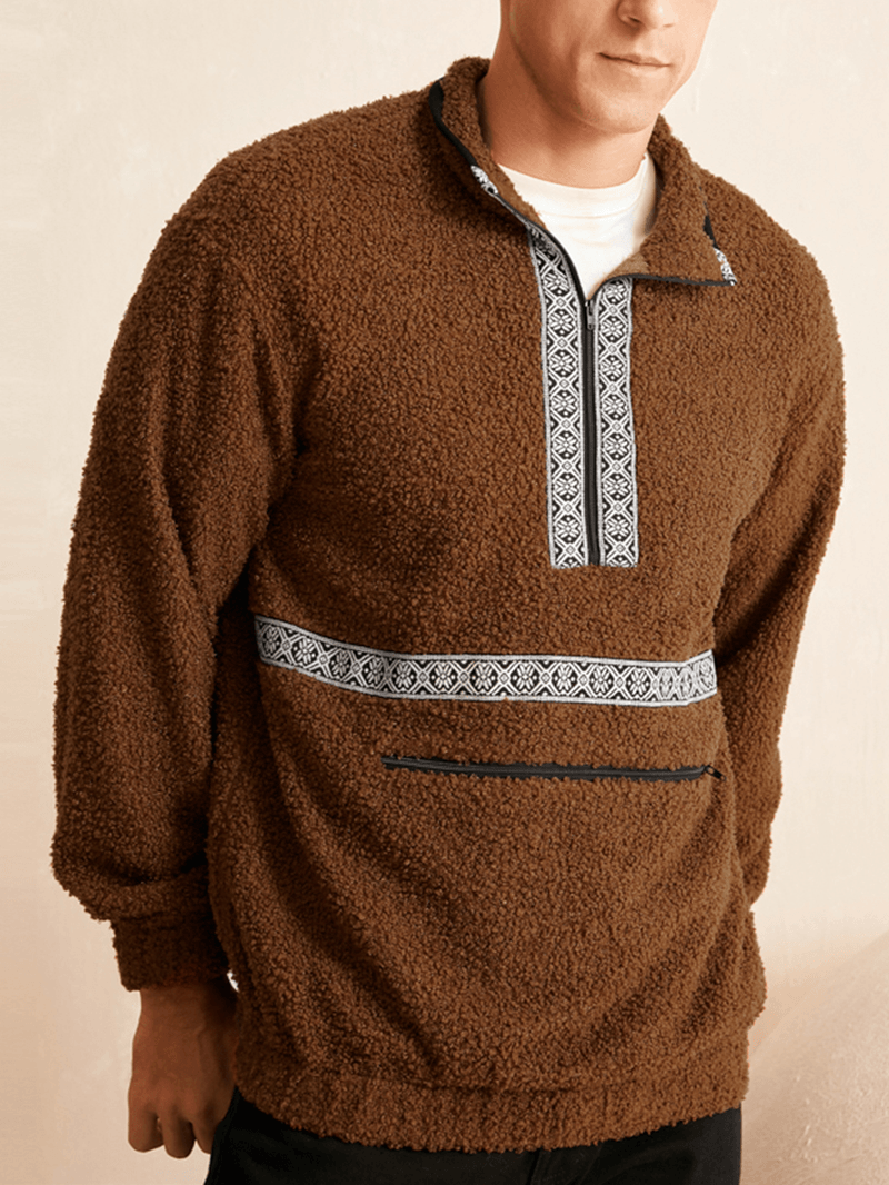 Men Teddy Tribal Zip Pocket Half Zip Pattern Pullover Pullover Sweatshirt - MRSLM