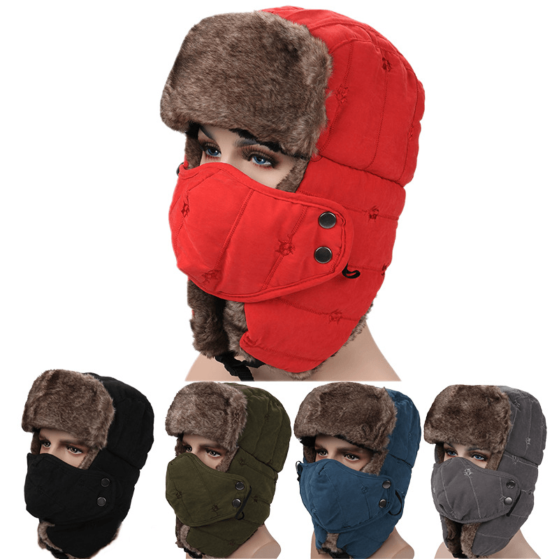 Mens Velvet Winter Russian Hats Outdoor Skiing Windproof with Masks Lei Feng Caps - MRSLM