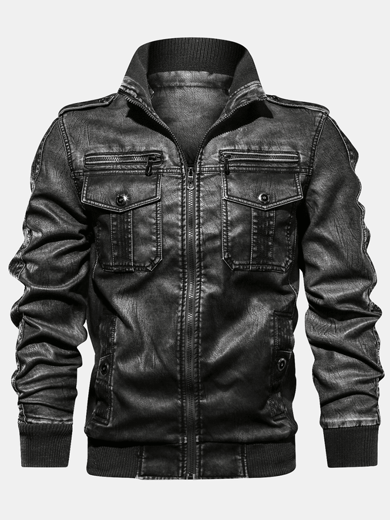 Mens PU Leather Stand Collar Zipper Long Sleeve Jacket with Pocket - MRSLM