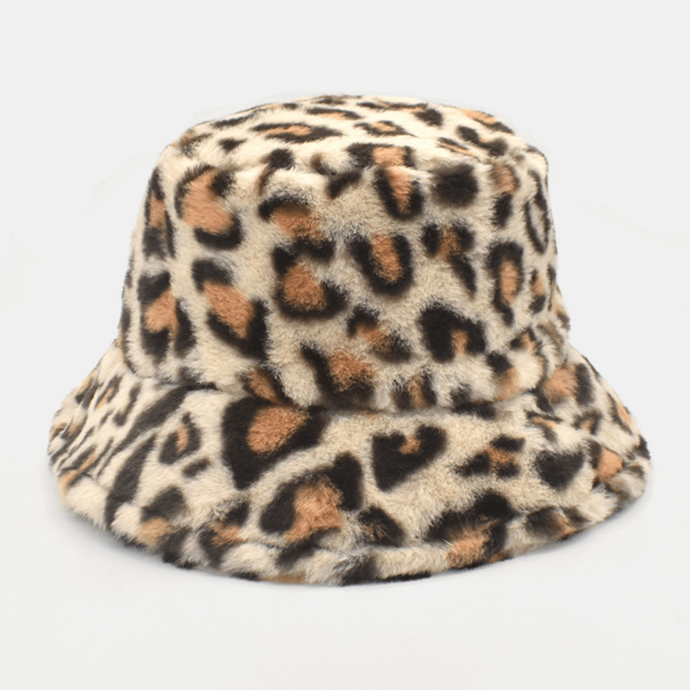 Women Lamb Hair Warm Soft Leopard Pattern Casual Personality Bucket Hat - MRSLM