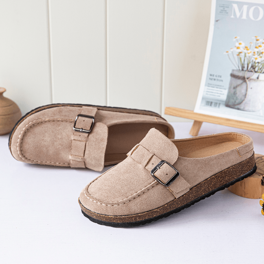 Women Casual Comfy Suede Large Size round Toe Backless Flats - MRSLM