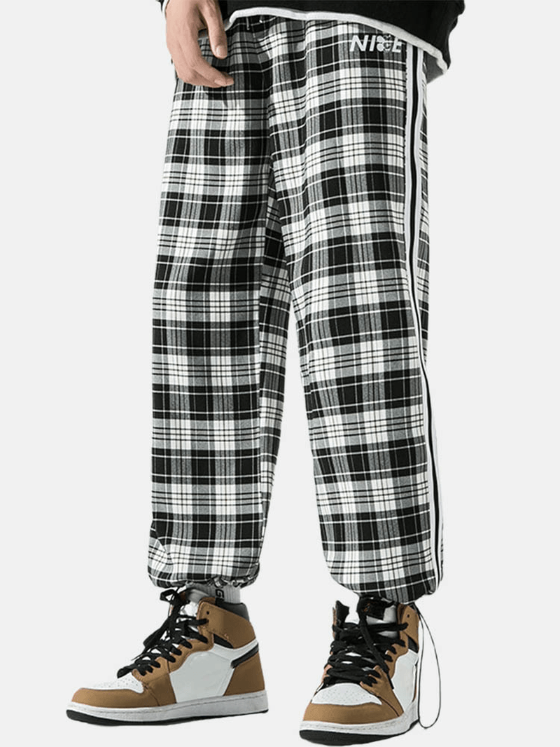 Men Plaid Drawstring Side Ribbon Preppy Pockets Pants - MRSLM