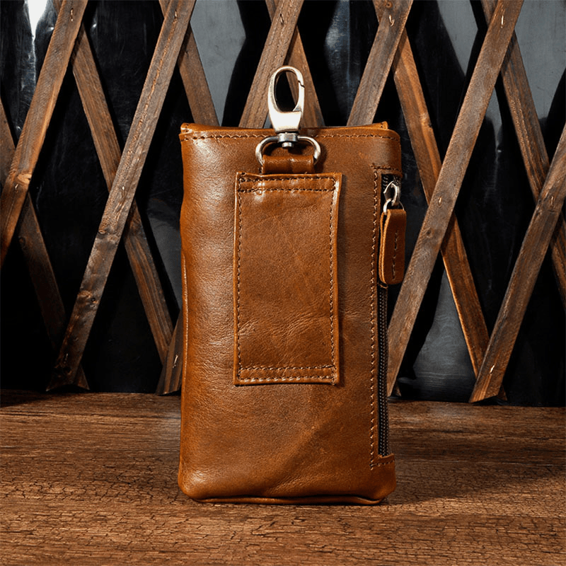 Men EDC Genuine Leather Vintage Outdoor 7 Inch Phone Camera Bag Waist Bag Wallet with Hook - MRSLM