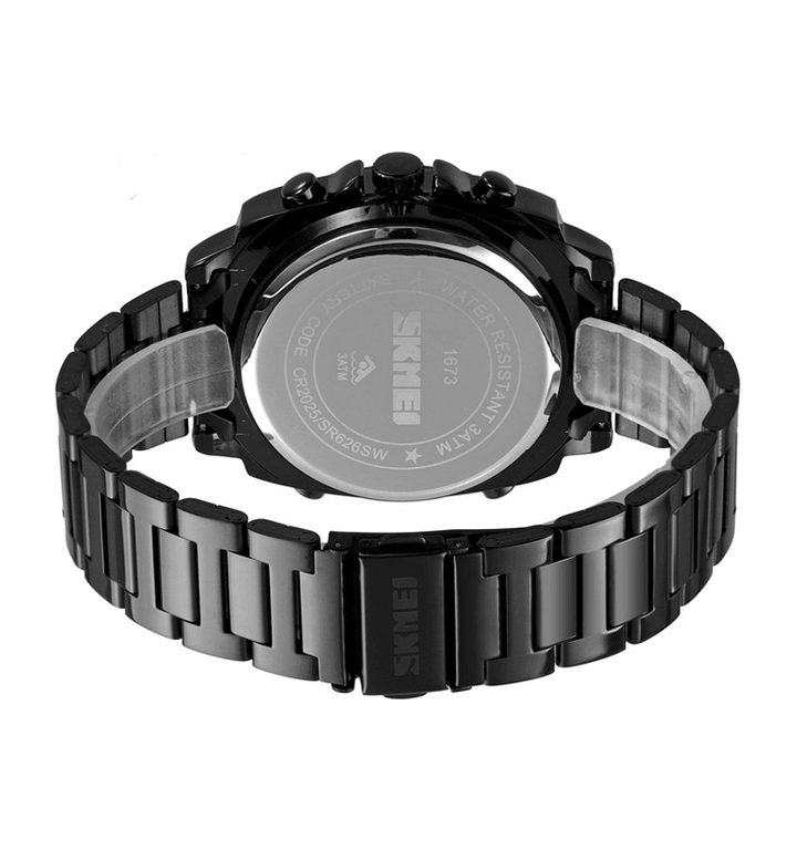 SKMEI 1673 Fashion LED Light Digital Watch Stainless Steel Strap 3ATM Waterproof Men Dual Display Watch - MRSLM