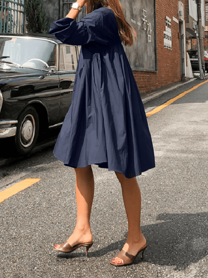 Women Solid Color Pleated Long Sleeve Casual Shirt Midi Dresses - MRSLM