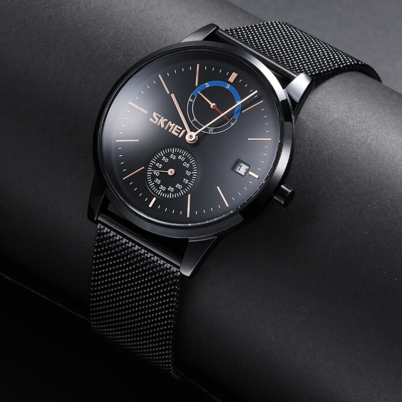 SKMEI 9182 Business Style Circular Mirror Mesh Steel Strap Week Date Display Men Watch Quartz Watch - MRSLM