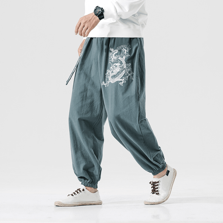 Chinese Style Large Size Dragon and Tiger Embroidery Youth Mens Cotton and Linen Casual Pants - MRSLM