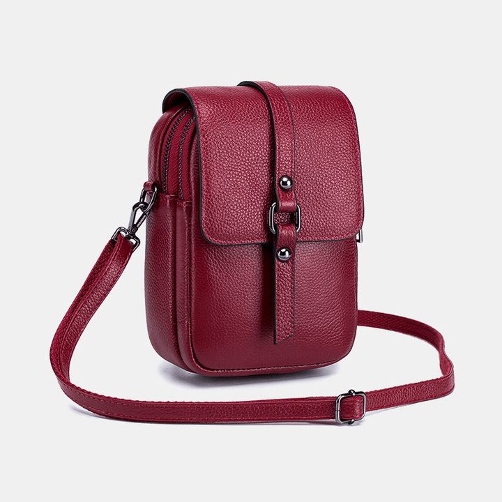 Women Genuine Leather Casual Retro Multi-Layers Earphone Hole 6.5 Inch Phone Bag Crossbody Bag - MRSLM