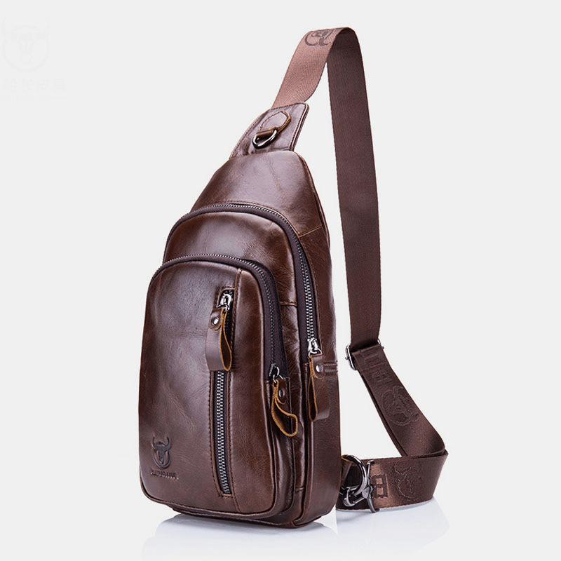 BULLCAPTAIN Men Multi-Pocket Cowhide Chest Bag Casual Sports Multifunctional Large Capacity Crossbody Bag Shoulder Bag - MRSLM