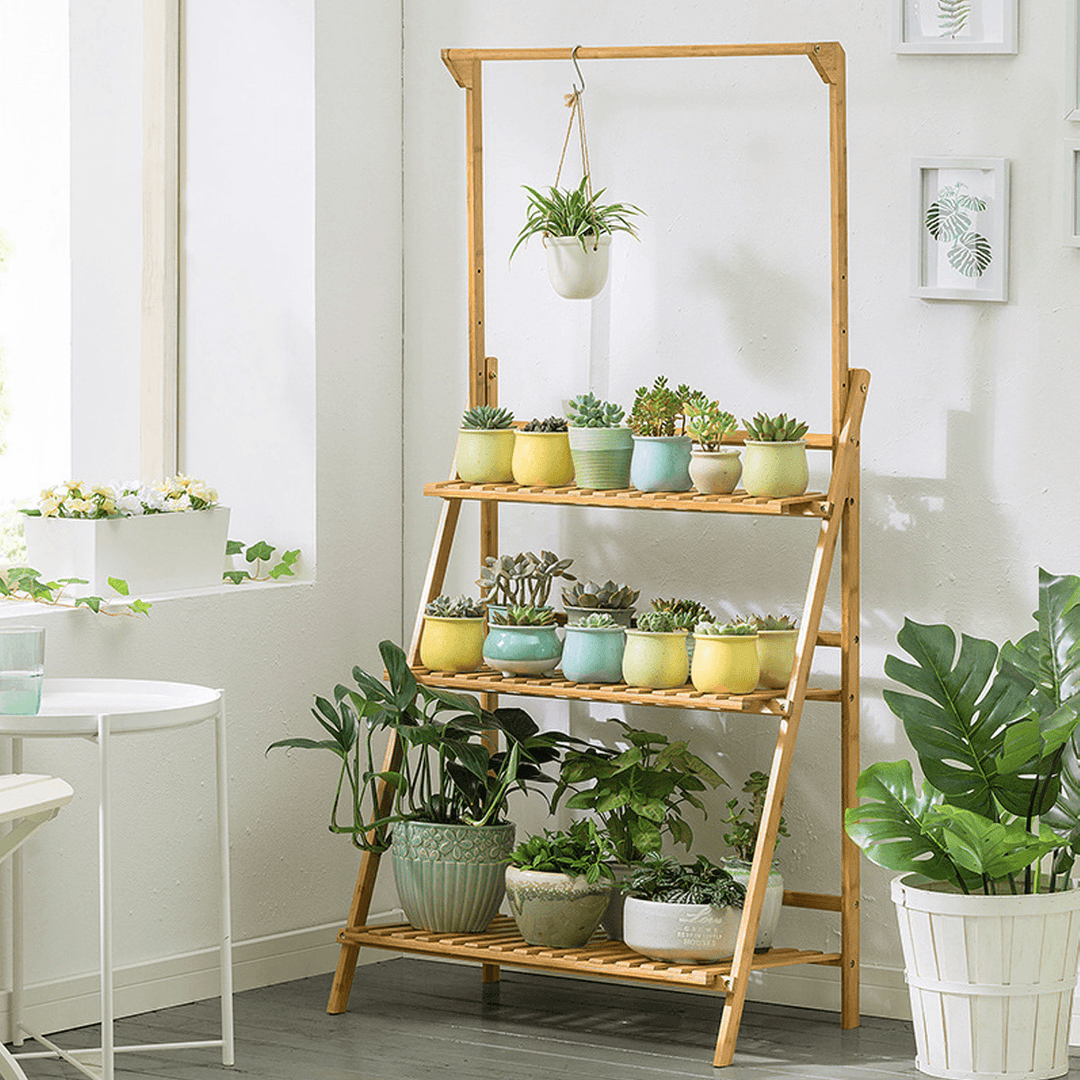 Bamboo Hanging Plant Stand Shelves Flower Pot Storage Organizer Rack - MRSLM