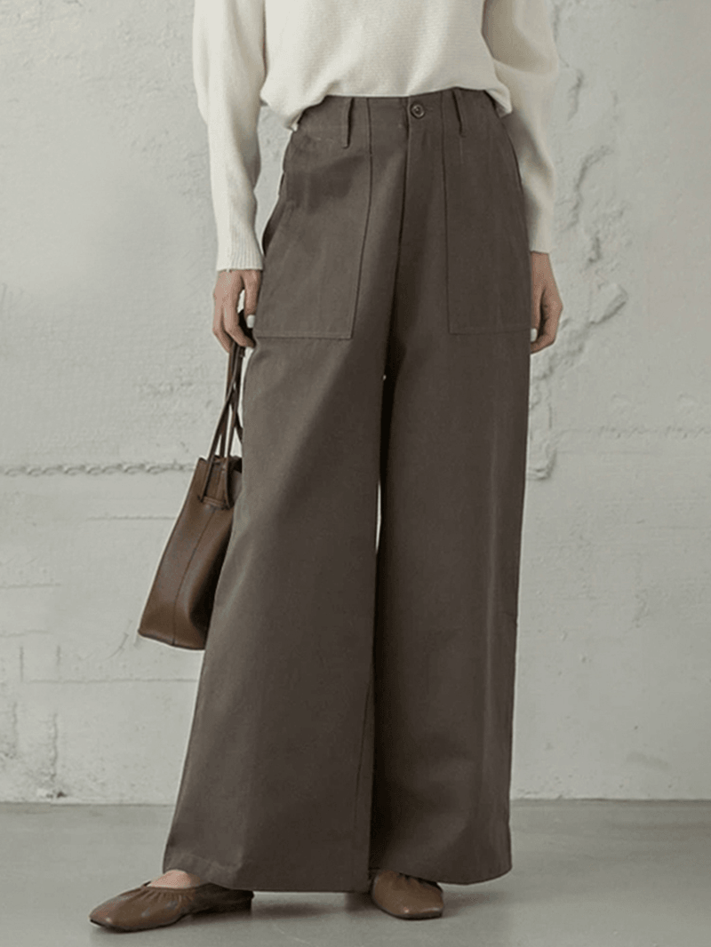 Women Casual Basic Solid Color Loose Wide Leg Pants with Pocket - MRSLM