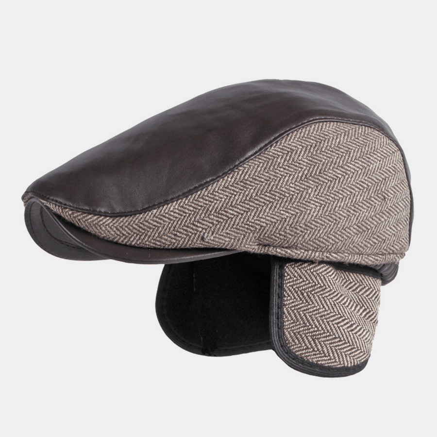 Mens PU Leather Stitching Earflaps Ear Protection Beret Cap Retro Outdoor Cool Protection Warm Forward Hat - MRSLM