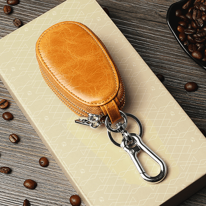 Men Genuine Leather Minimalist Wallet Double Zipper Car Key Case Key Holder - MRSLM