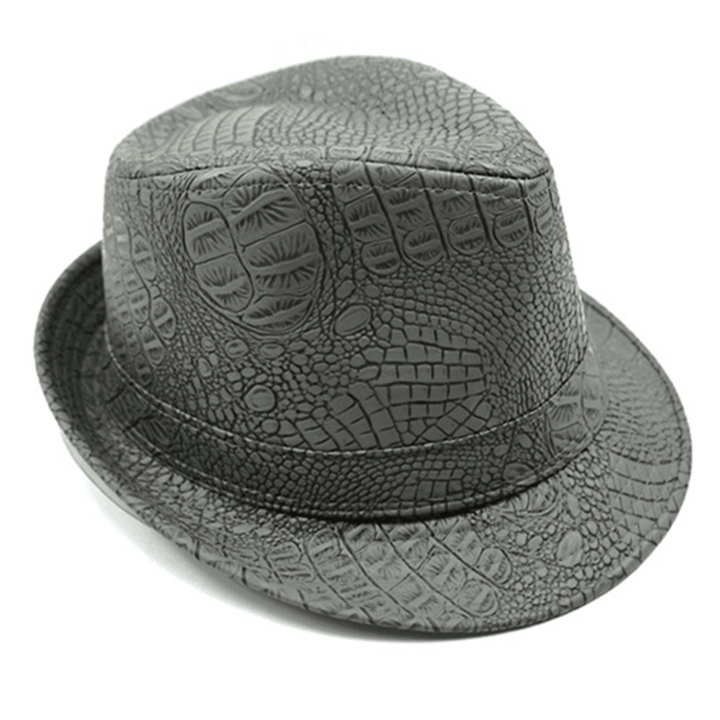 Mens PU Leather Crocodile Pattern Jazz Hat Outdoor Middle-Aged Wide Brimmed Fedora Hats - MRSLM