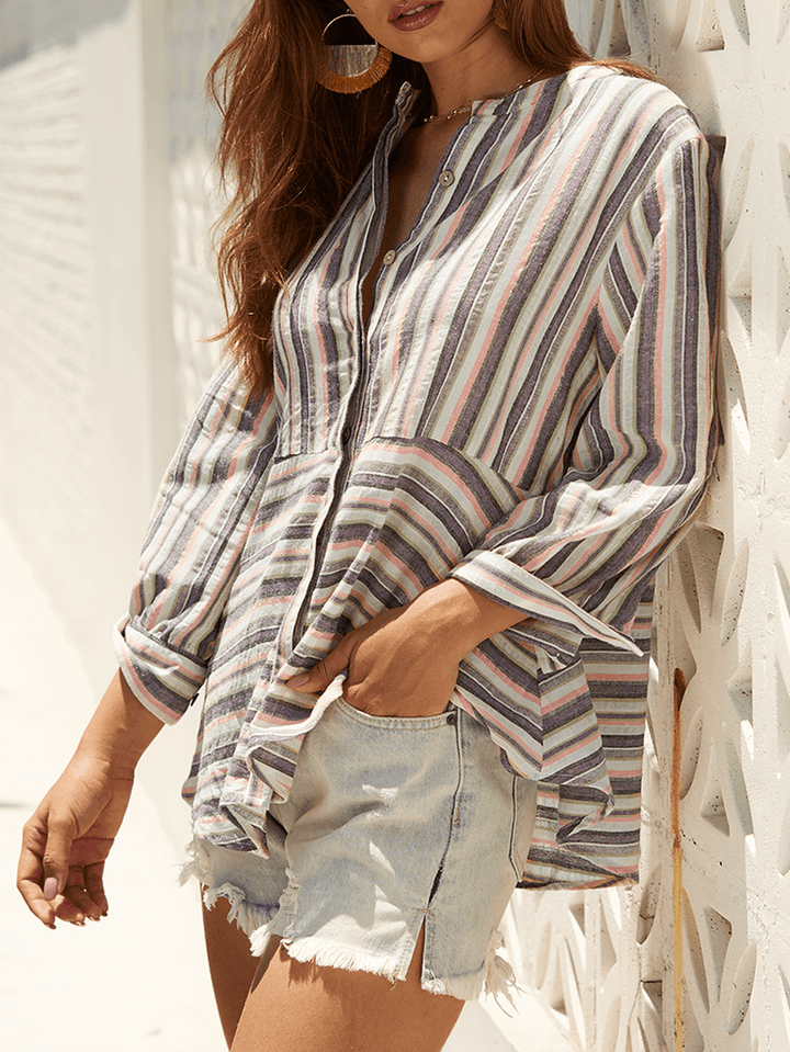 Chic Striped 3/4 Sleeve Blouse - MRSLM