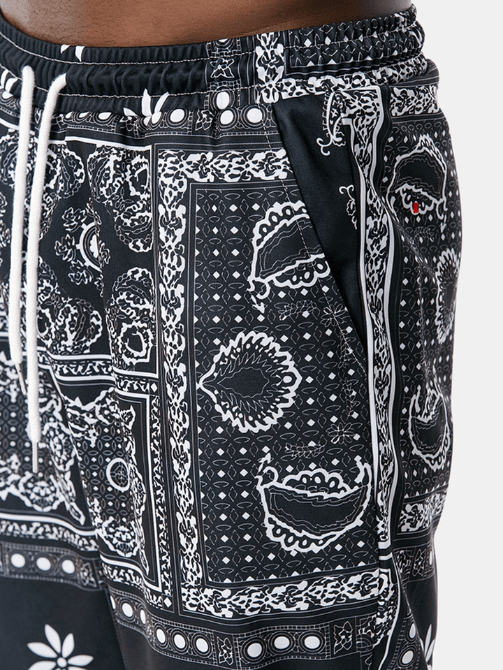 Mens Paisley Print Ethnic Style Drawstring Jogger Pants with Pocket - MRSLM