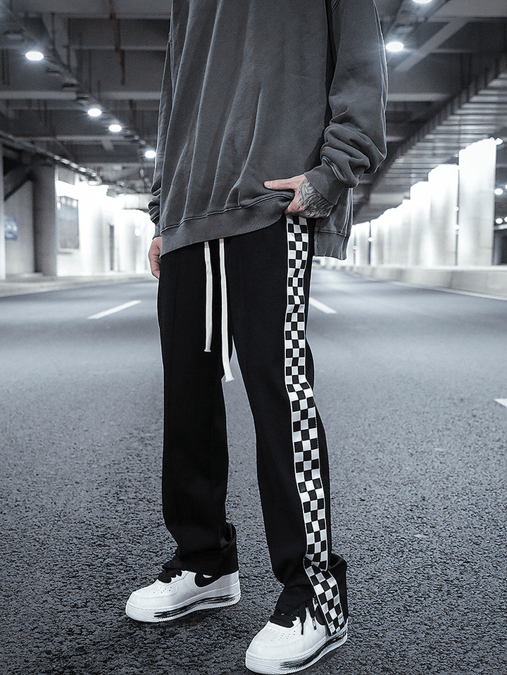 Checkerboard Side Split Straight Leg Sweatpants Hip-Hop Drop Feeling Stacked Drawstring Casual Pants Men - MRSLM