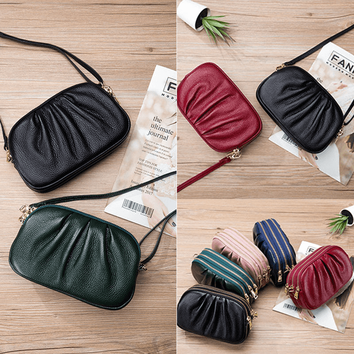 Women Genuine Leather 3 Zipper Pocket Fold Design Crossbody Bag - MRSLM