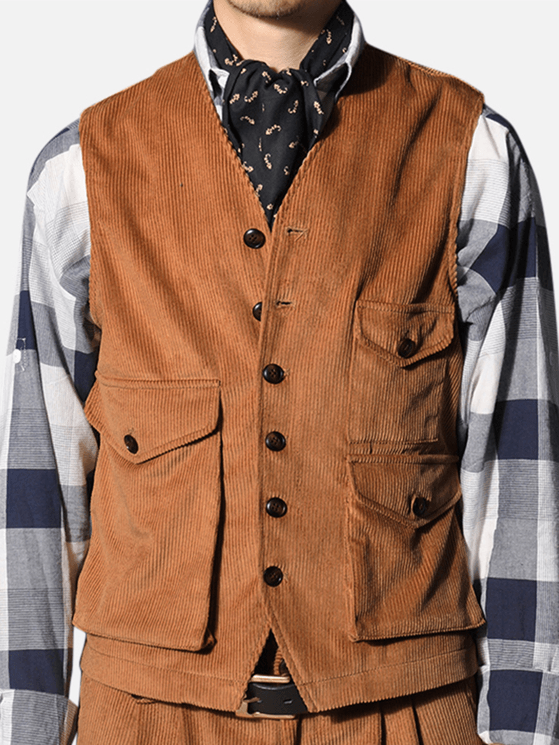 Mens Retro Corduroy Vest Multi Pockets Sleeveless Coat Tops - MRSLM