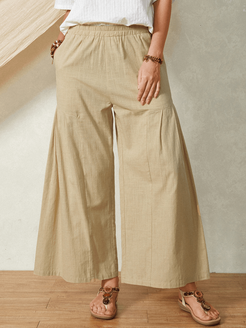 Solid Color Pocket Elastic Waist Casual Cotton Flare Leg Women Pants - MRSLM