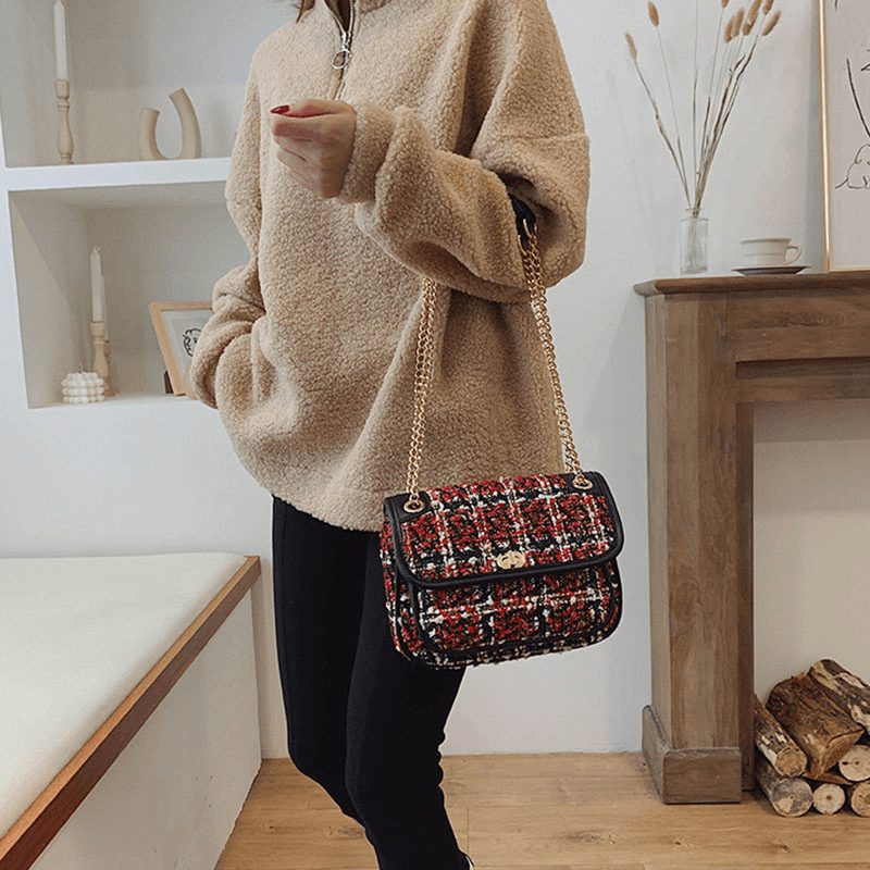 Women Mix Color Woven Woolen Vintage Chain Bag Clutch Bag Crossbody Bag - MRSLM