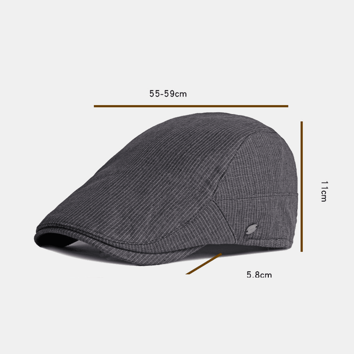 Men Cotton Linen Pinstripe Beret Cap British Retro Metal Label Adjustable Casual Flat Cap - MRSLM